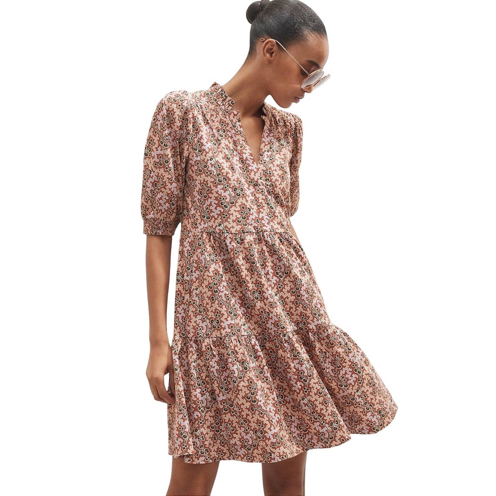 ME+EM Climbing Buds Print Floral Tiered Pink Slub Mini Dress Ruffle US 4